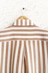 Premium Beige & White Vertical Striped Half Sleeve Casual Cotton Blend Shirt for Men