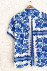 Premium Blue & White Floral Printed Half Sleeve Casual Shirt for Men | Cotton Blend Regular Fit