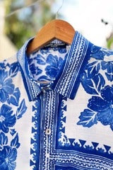 Premium Blue & White Floral Printed Half Sleeve Casual Shirt for Men | Cotton Blend Regular Fit