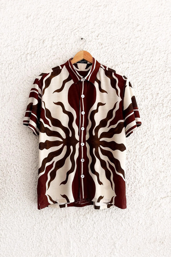 Premium Abstract Brown & Cream Printed Half Sleeve Casual Shirt for Men | Cotton Blend Regular Fit