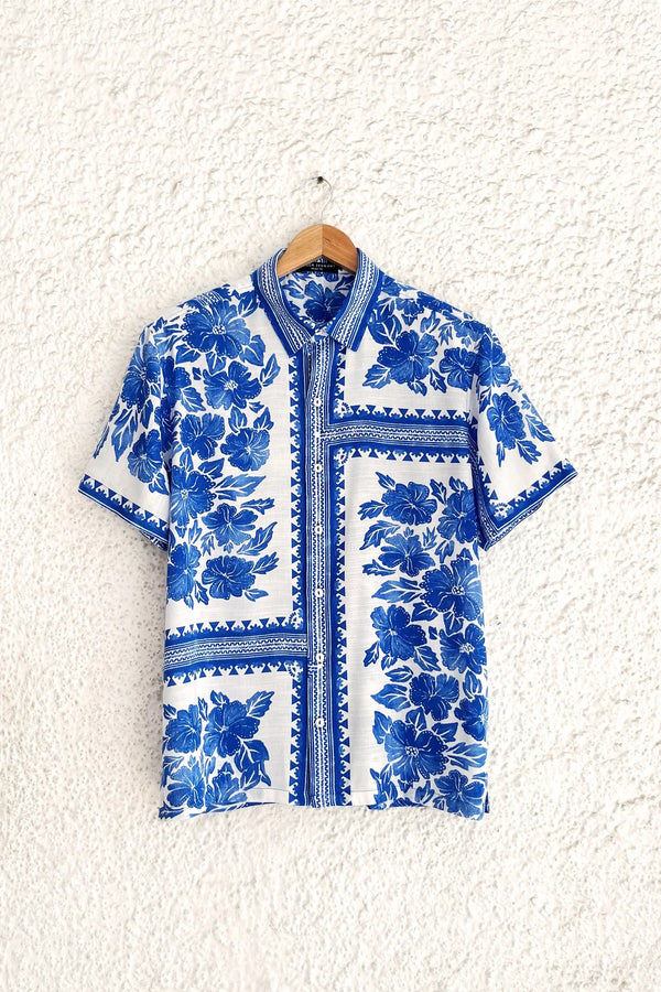 Premium Blue & White Floral Printed Half Sleeve Casual Shirt for Men | Cotton Blend Regular Fit
