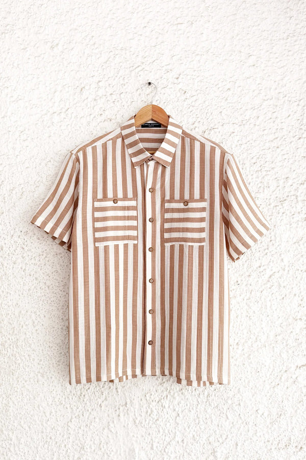 Premium Beige & White Vertical Striped Half Sleeve Casual Cotton Blend Shirt for Men