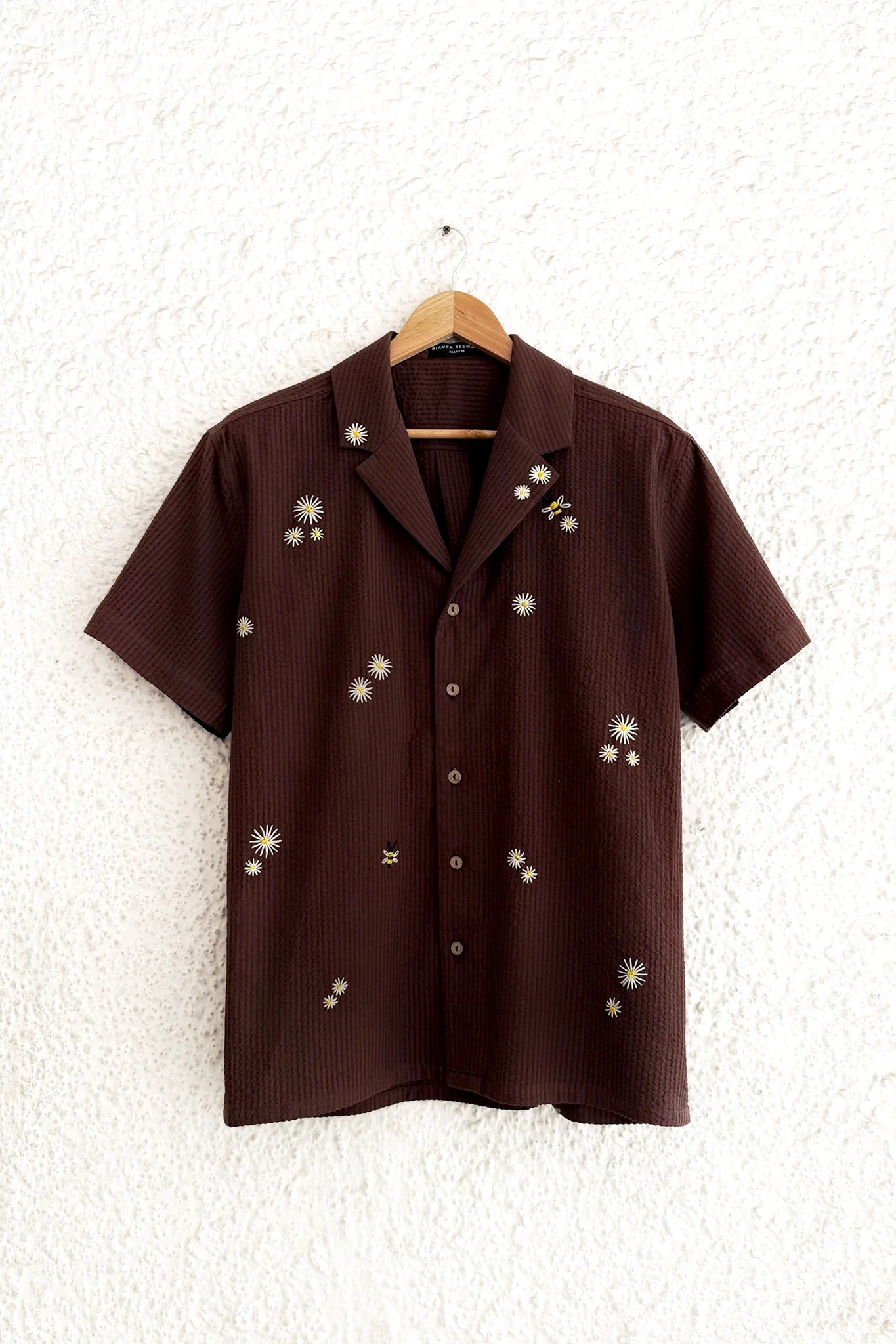 Premium Brown Embroidered Half Sleeve Casual Shirt for Men | Textured Cotton Blend Regular Fit