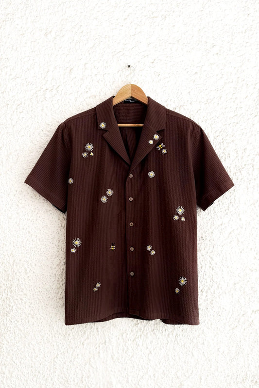 Premium Brown Embroidered Half Sleeve Casual Shirt for Men | Textured Cotton Blend Regular Fit