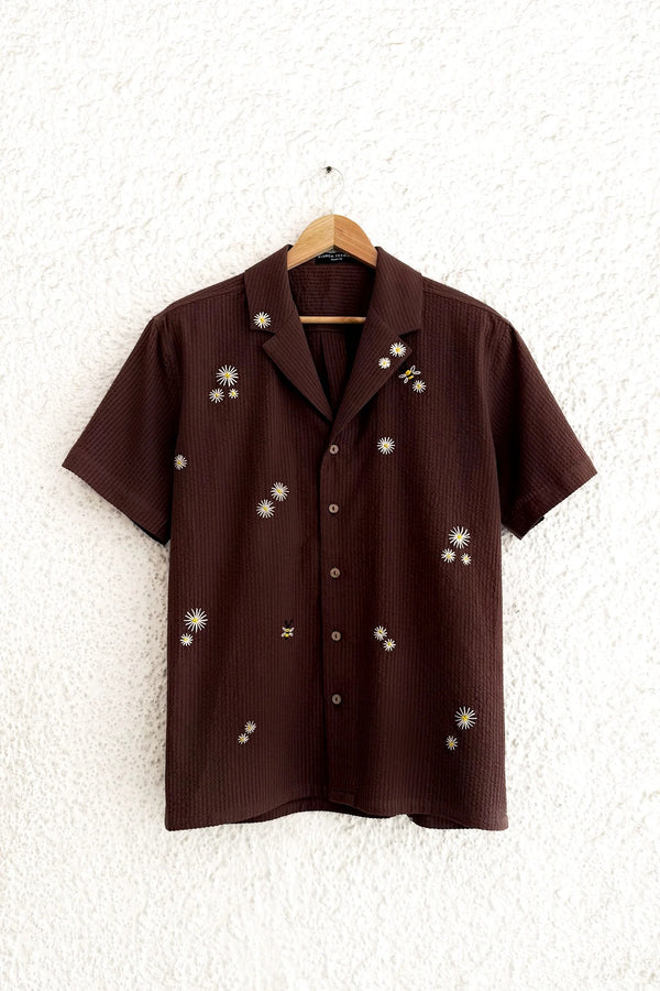 Premium Brown Embroidered Half Sleeve Casual Shirt for Men | Textured Cotton Blend Regular Fit