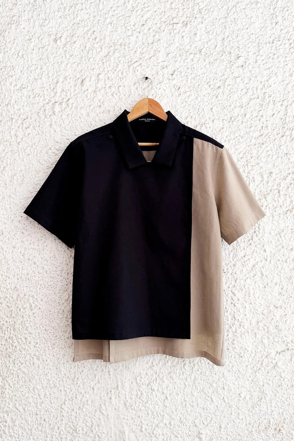 Premium Black & Beige Color Block Half Sleeve Casual Shirt for Men | Cotton Blend Regular Fit