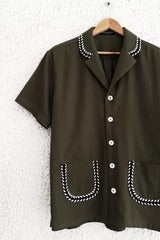 Premium Olive Green Half Sleeve Casual Shirt for Men | Contrast Stitch Cotton Blend Regular Fit
