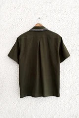 Premium Olive Green Half Sleeve Casual Shirt for Men | Contrast Stitch Cotton Blend Regular Fit